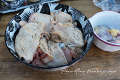 Poulets découpés assaisonnés avec du sel et du Thym